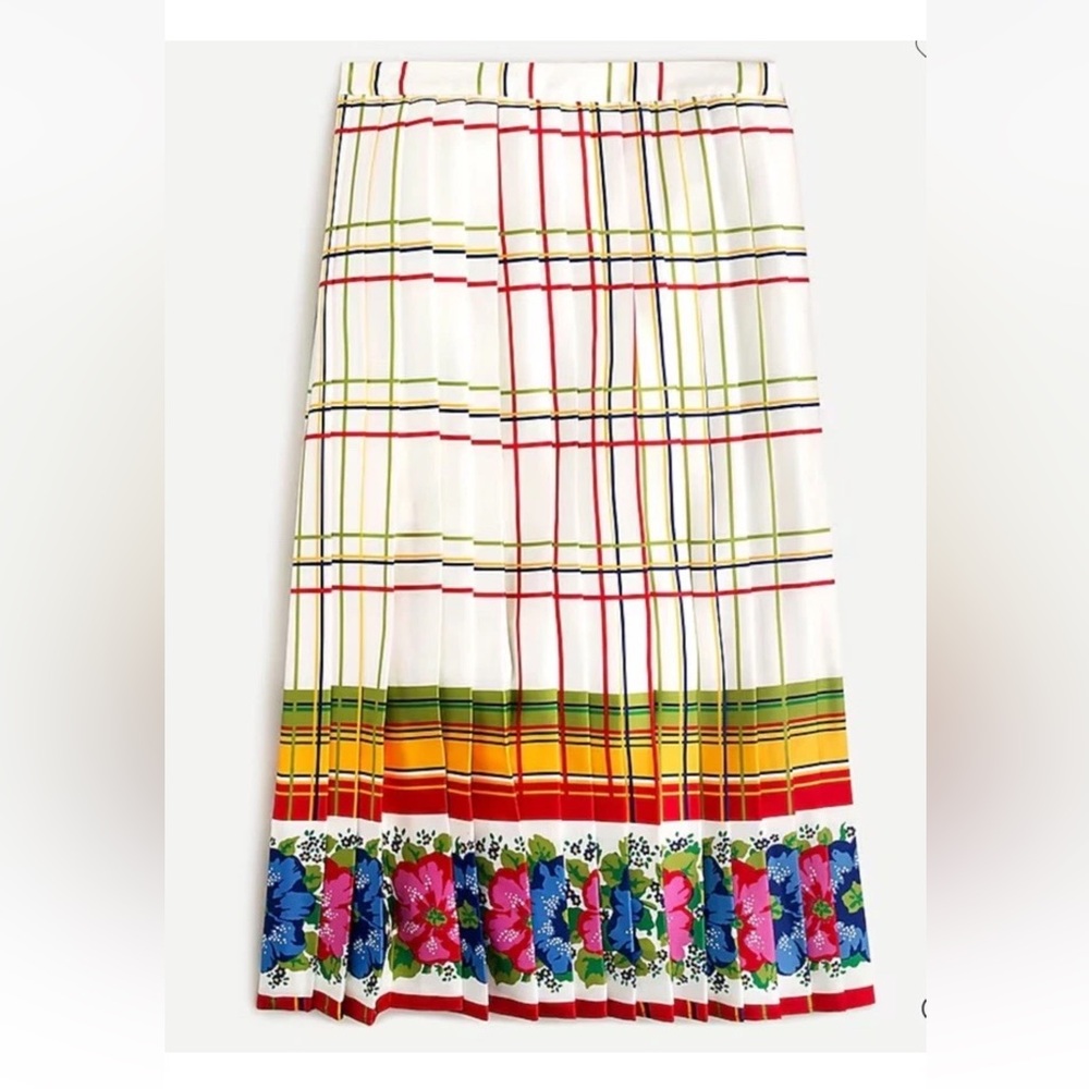 J Crew AR458 Size 6 Colorful Plaid Pleated Midi Skirt w/ Floral Border
